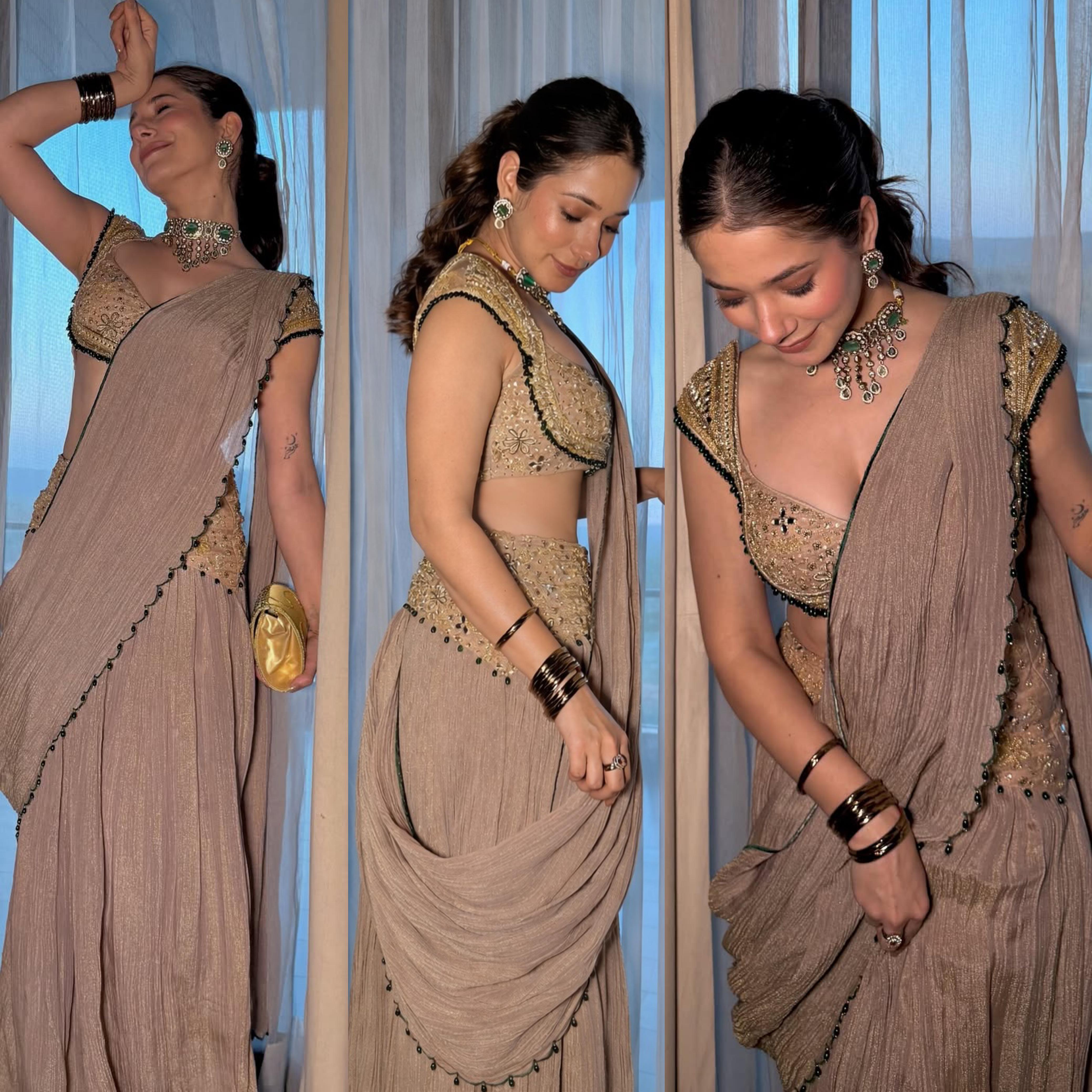 Faux Georgette Ready-to-Wear Crushed Saree with Real Mirror Work