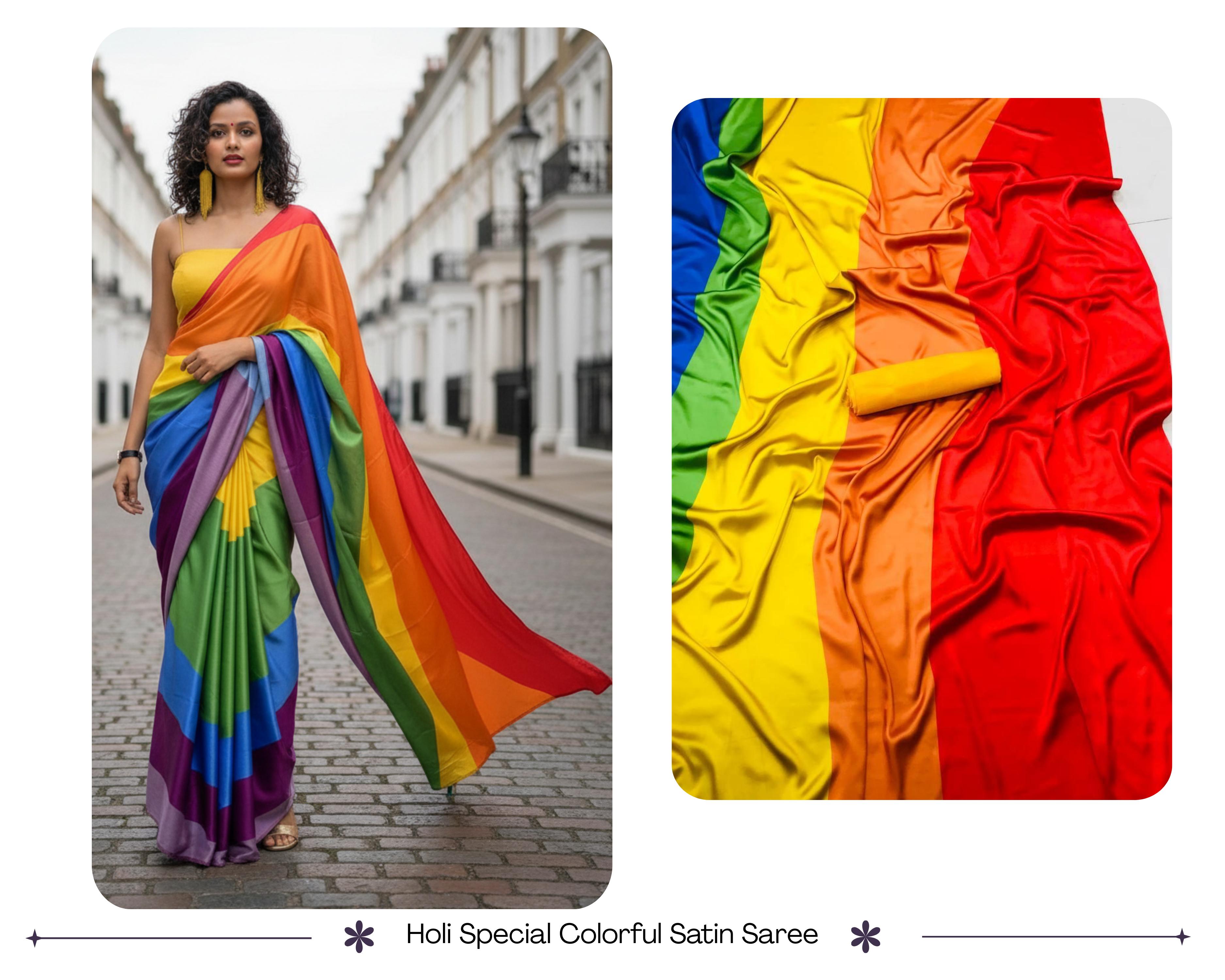 Rainbow Festive Japan Satin Printed Saree with Mono Banglory Blouse  Holi Special Collection