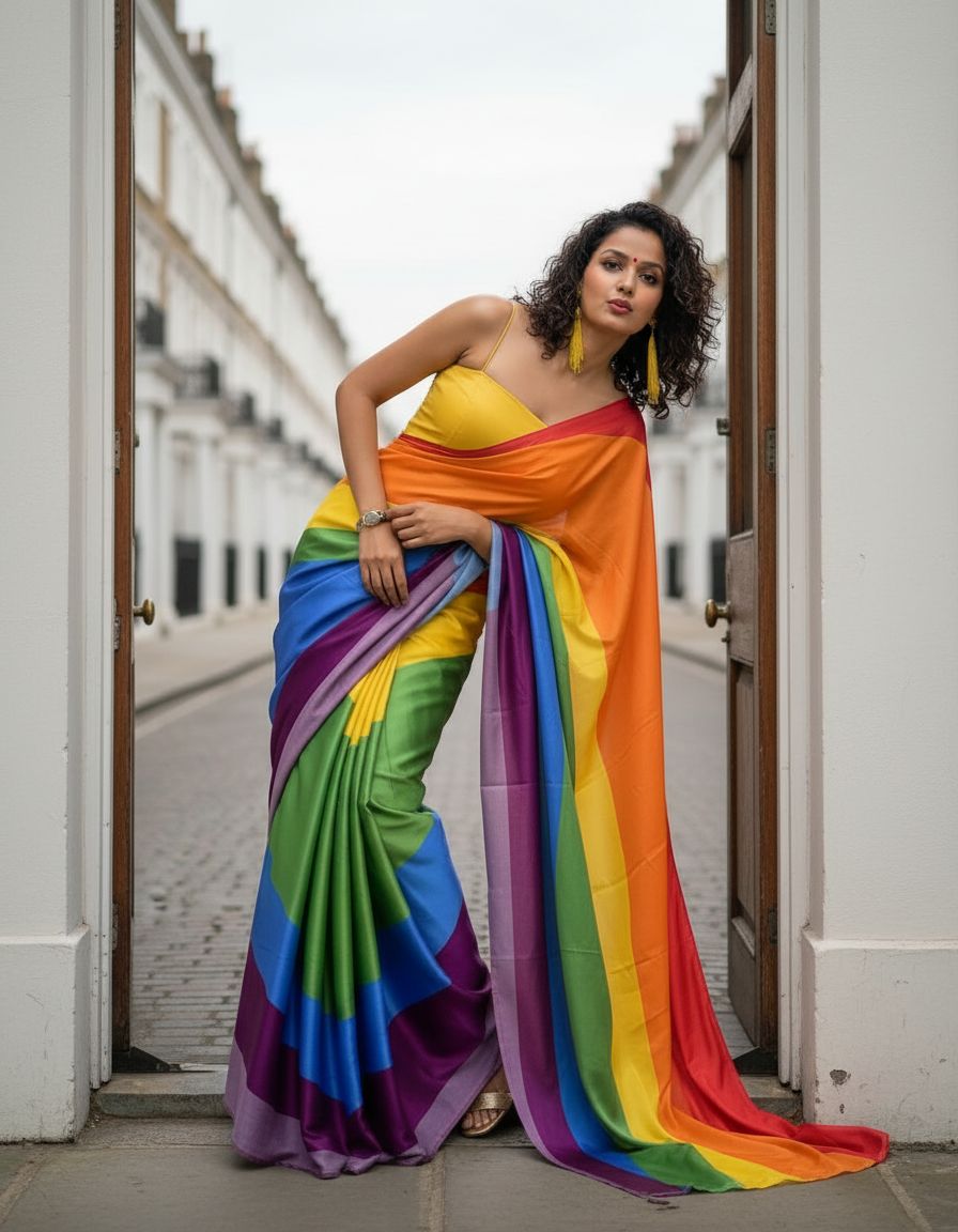 Rainbow Festive Japan Satin Printed Saree with Mono Banglory Blouse  Holi Special Collection