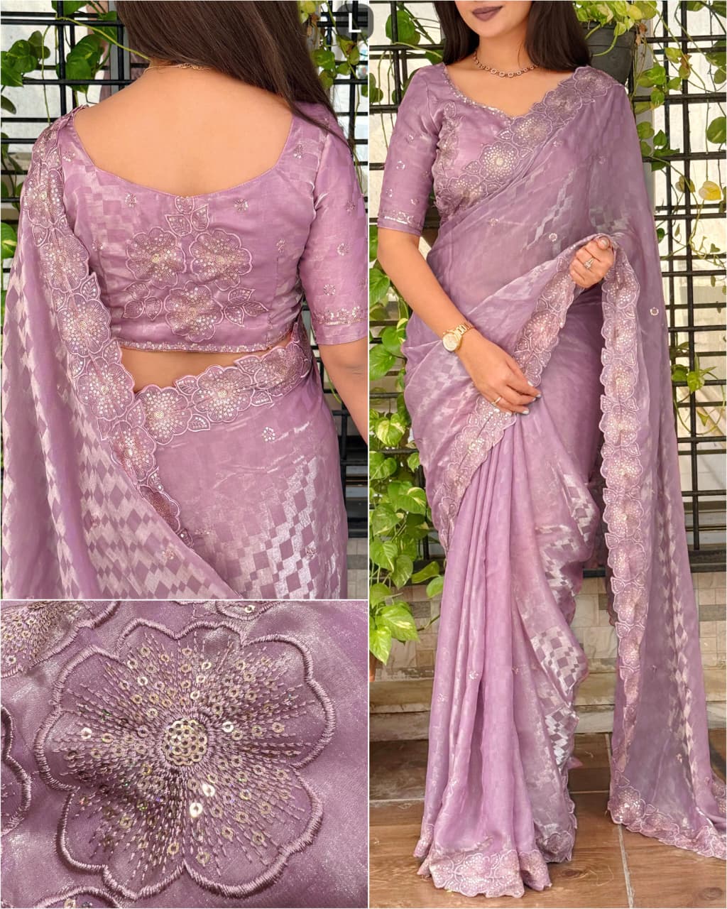 Luxury Fendy Satin Self Jacquard Checks Saree with Sequins & Thread Embroidery