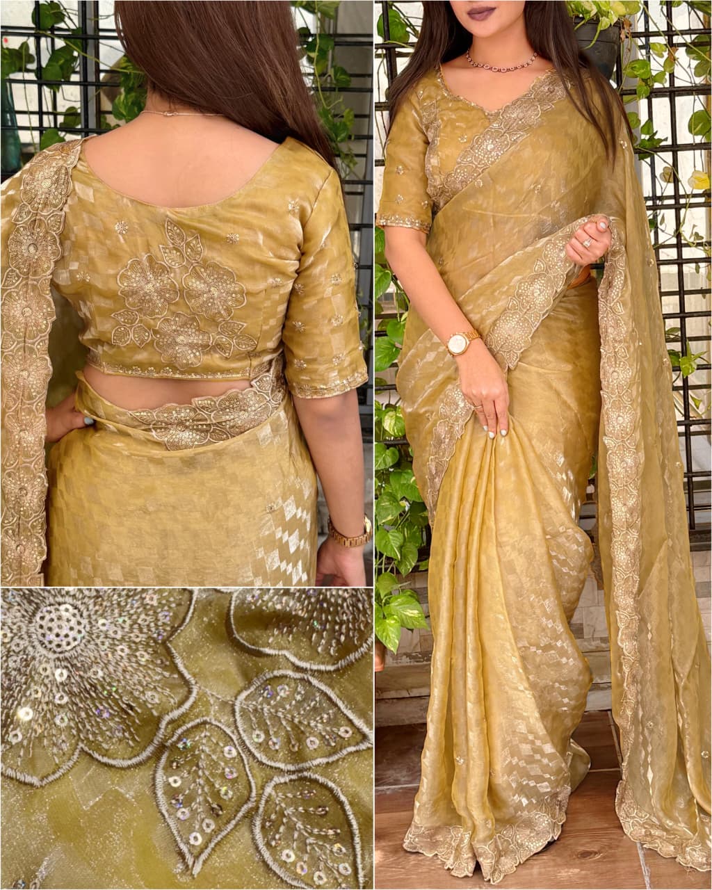 Luxury Fendy Satin Self Jacquard Checks Saree with Sequins & Thread Embroidery