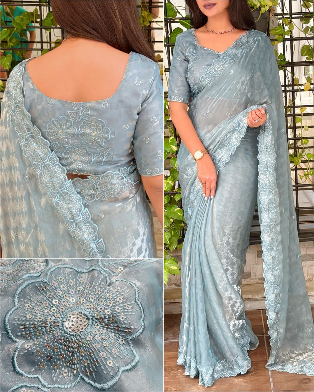 Luxury Fendy Satin Self Jacquard Checks Saree with Sequins & Thread Embroidery