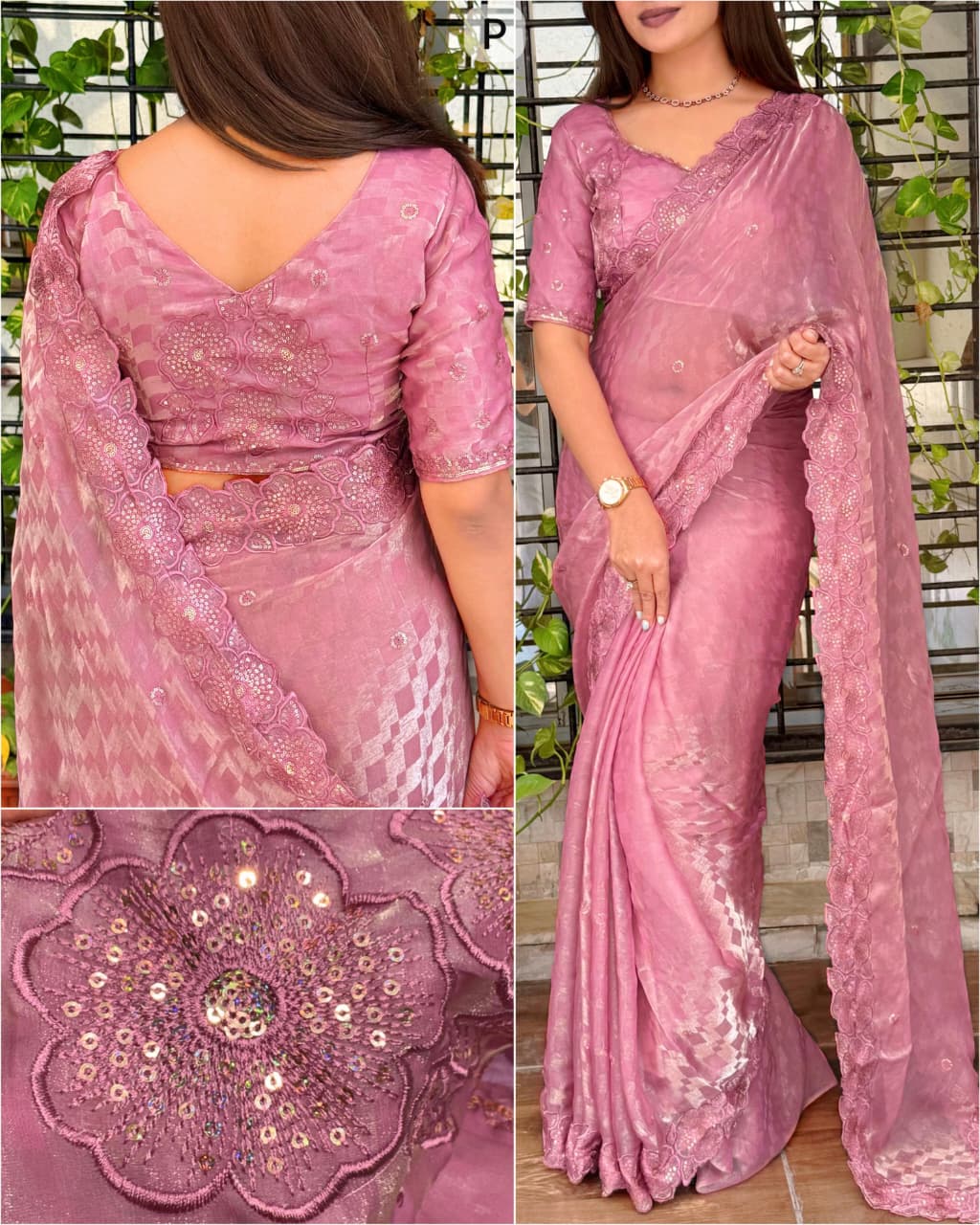 Luxury Fendy Satin Self Jacquard Checks Saree with Sequins & Thread Embroidery