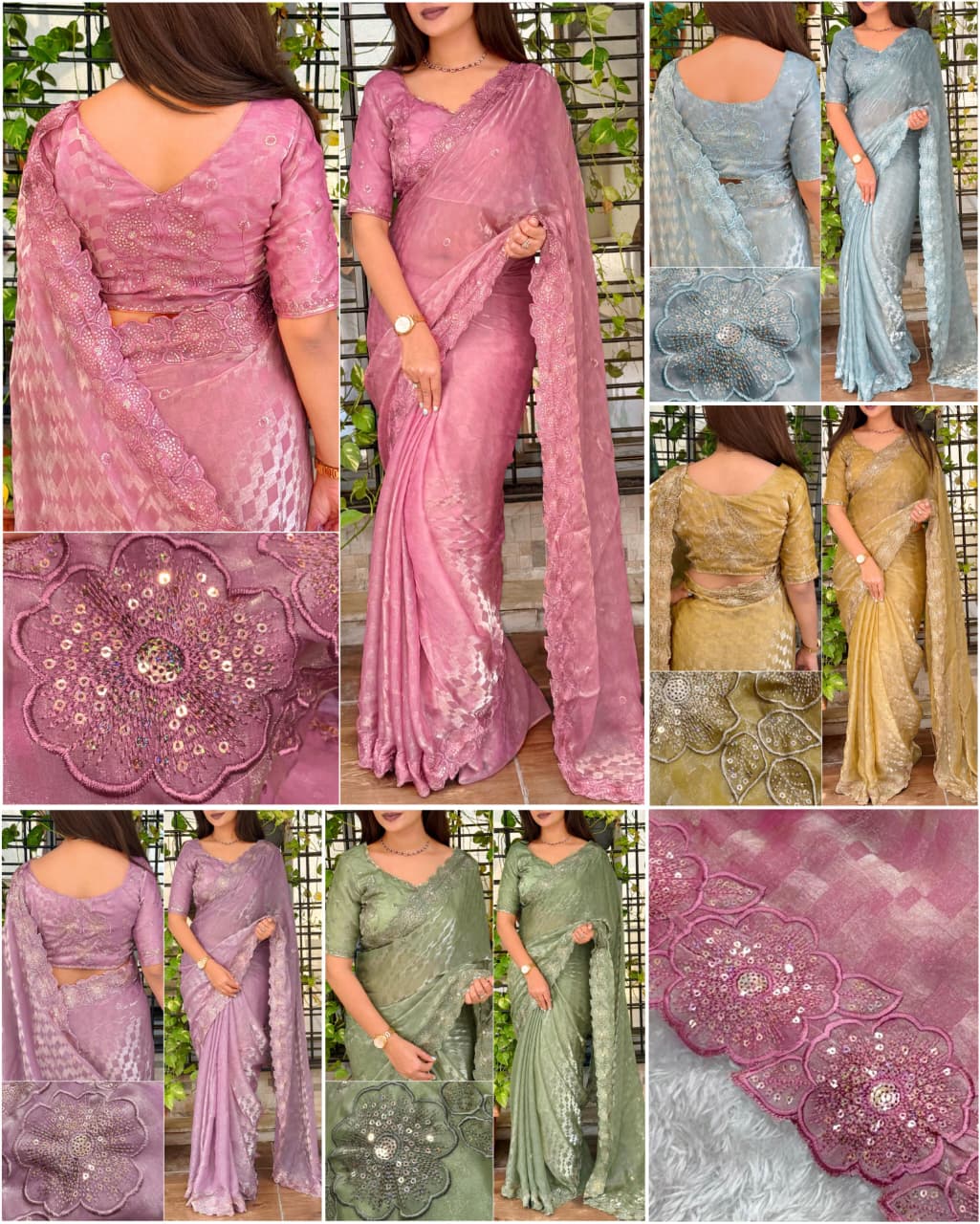 Luxury Fendy Satin Self Jacquard Checks Saree with Sequins & Thread Embroidery