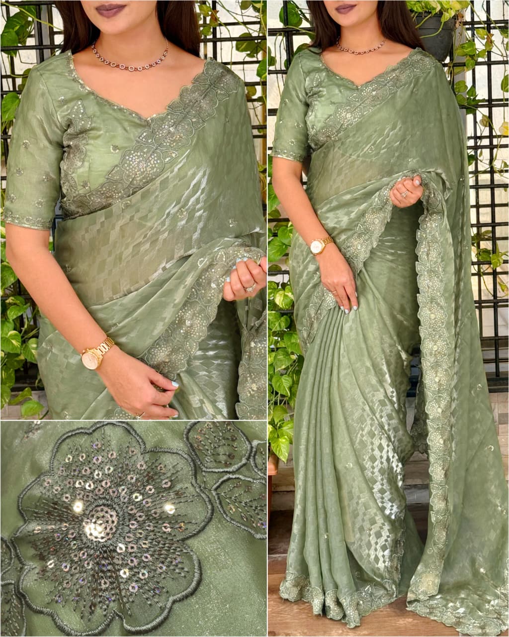Luxury Fendy Satin Self Jacquard Checks Saree with Sequins & Thread Embroidery