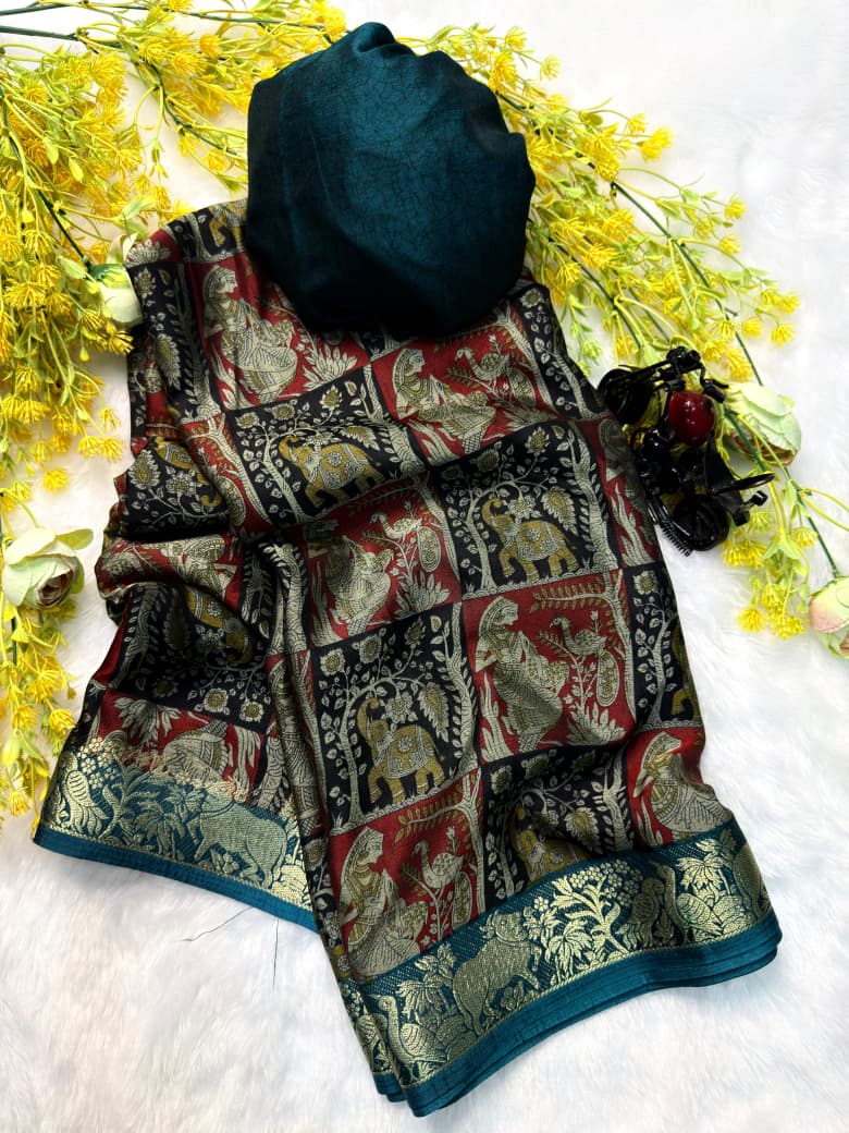 Ajrakh Self Jacquard Soft Black Dola Silk Saree