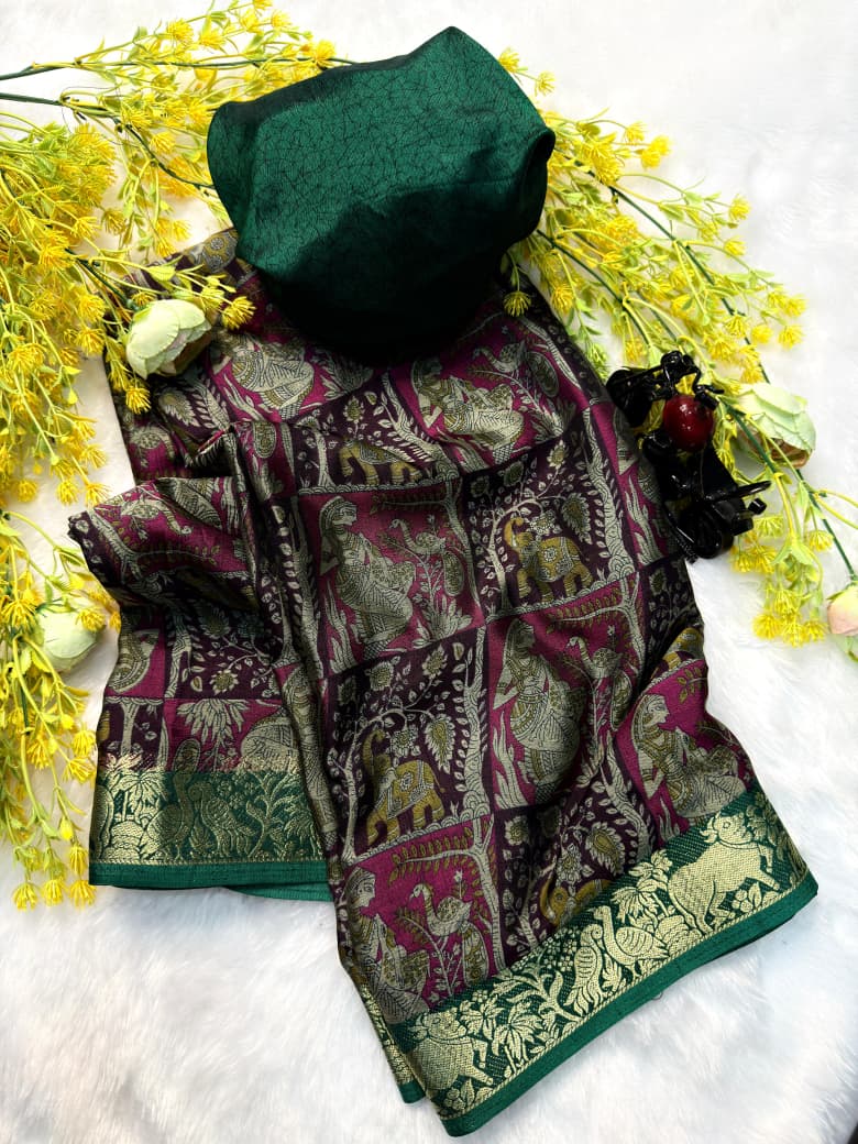 Ajrakh Self Jacquard Soft Black Dola Silk Saree