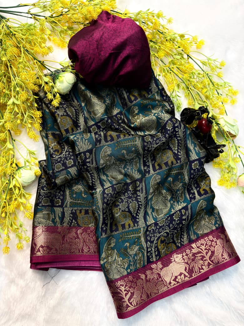 Ajrakh Self Jacquard Soft Black Dola Silk Saree