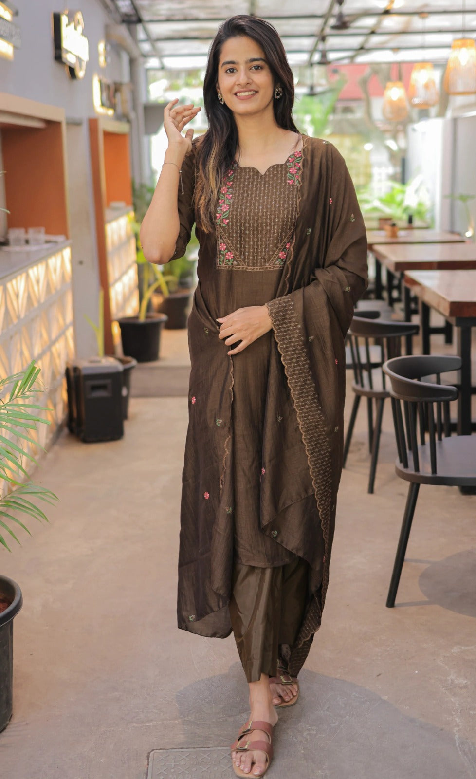 Premium Vertical Cotton Embroidered Kurti Pant Set with Chanderi Cotton Dupatta