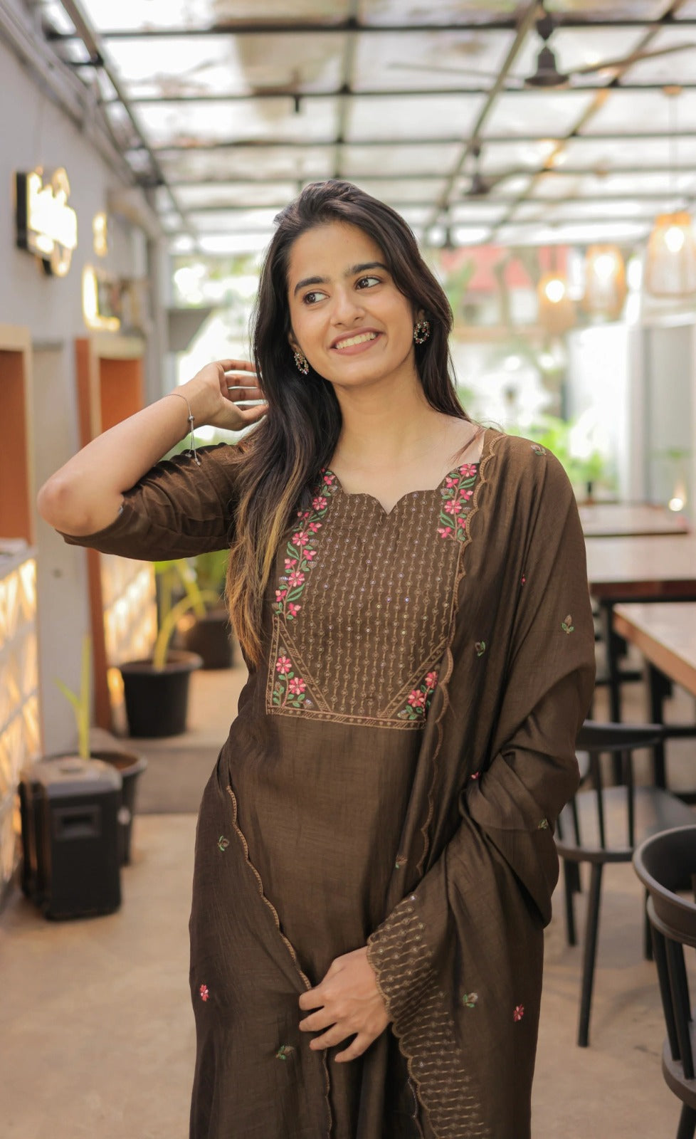 Premium Vertical Cotton Embroidered Kurti Pant Set with Chanderi Cotton Dupatta