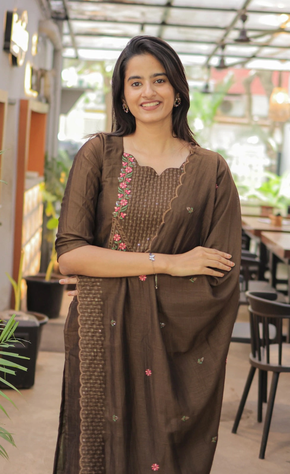 Premium Vertical Cotton Embroidered Kurti Pant Set with Chanderi Cotton Dupatta