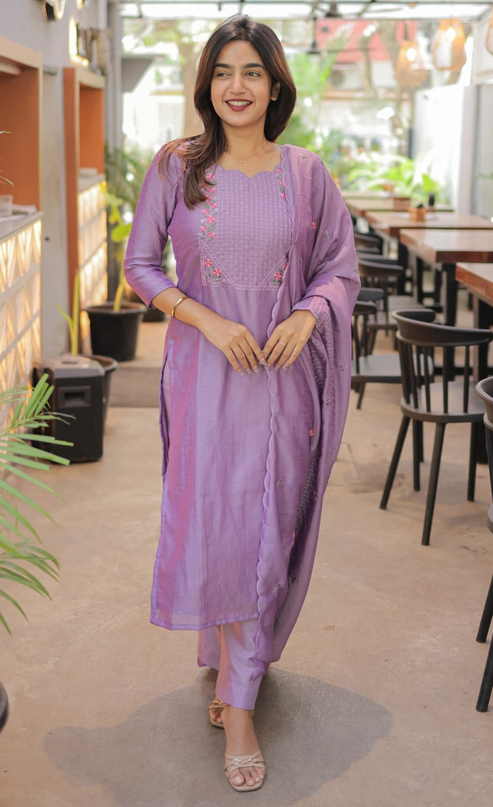 Premium Vertical Cotton Embroidered Kurti Pant Set with Chanderi Cotton Dupatta