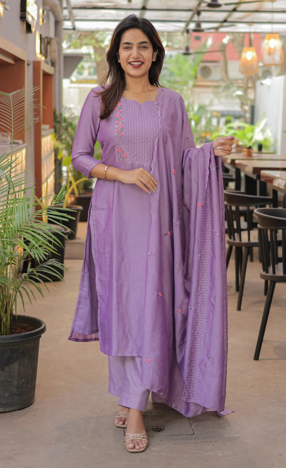 Premium Vertical Cotton Embroidered Kurti Pant Set with Chanderi Cotton Dupatta