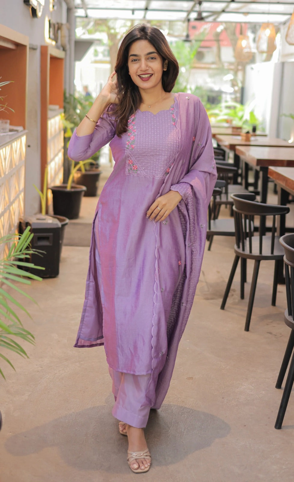Premium Vertical Cotton Embroidered Kurti Pant Set with Chanderi Cotton Dupatta