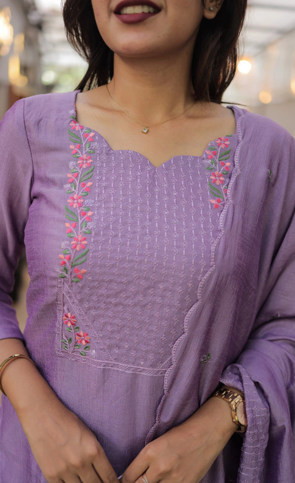 Premium Vertical Cotton Embroidered Kurti Pant Set with Chanderi Cotton Dupatta