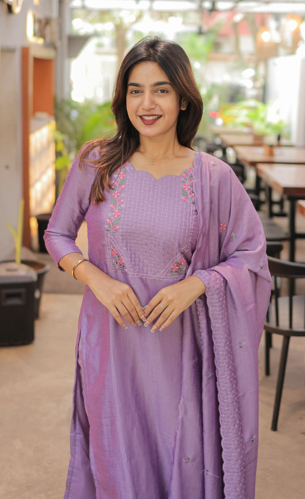 Premium Vertical Cotton Embroidered Kurti Pant Set with Chanderi Cotton Dupatta