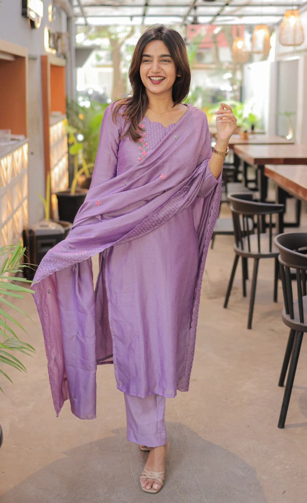 Premium Vertical Cotton Embroidered Kurti Pant Set with Chanderi Cotton Dupatta