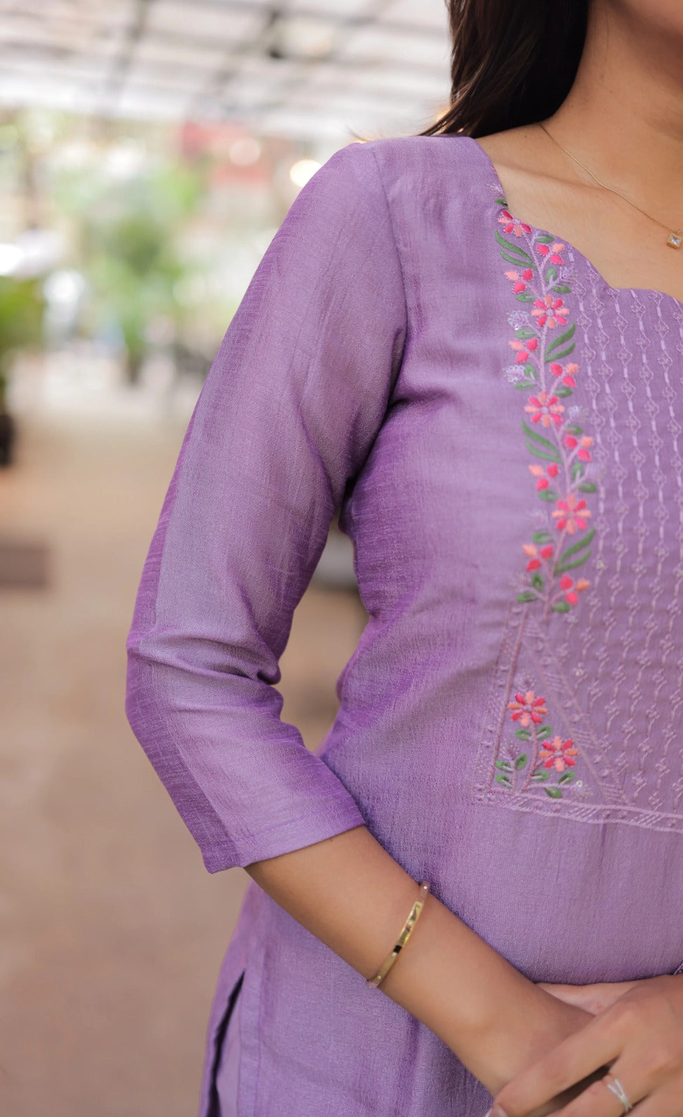 Premium Vertical Cotton Embroidered Kurti Pant Set with Chanderi Cotton Dupatta
