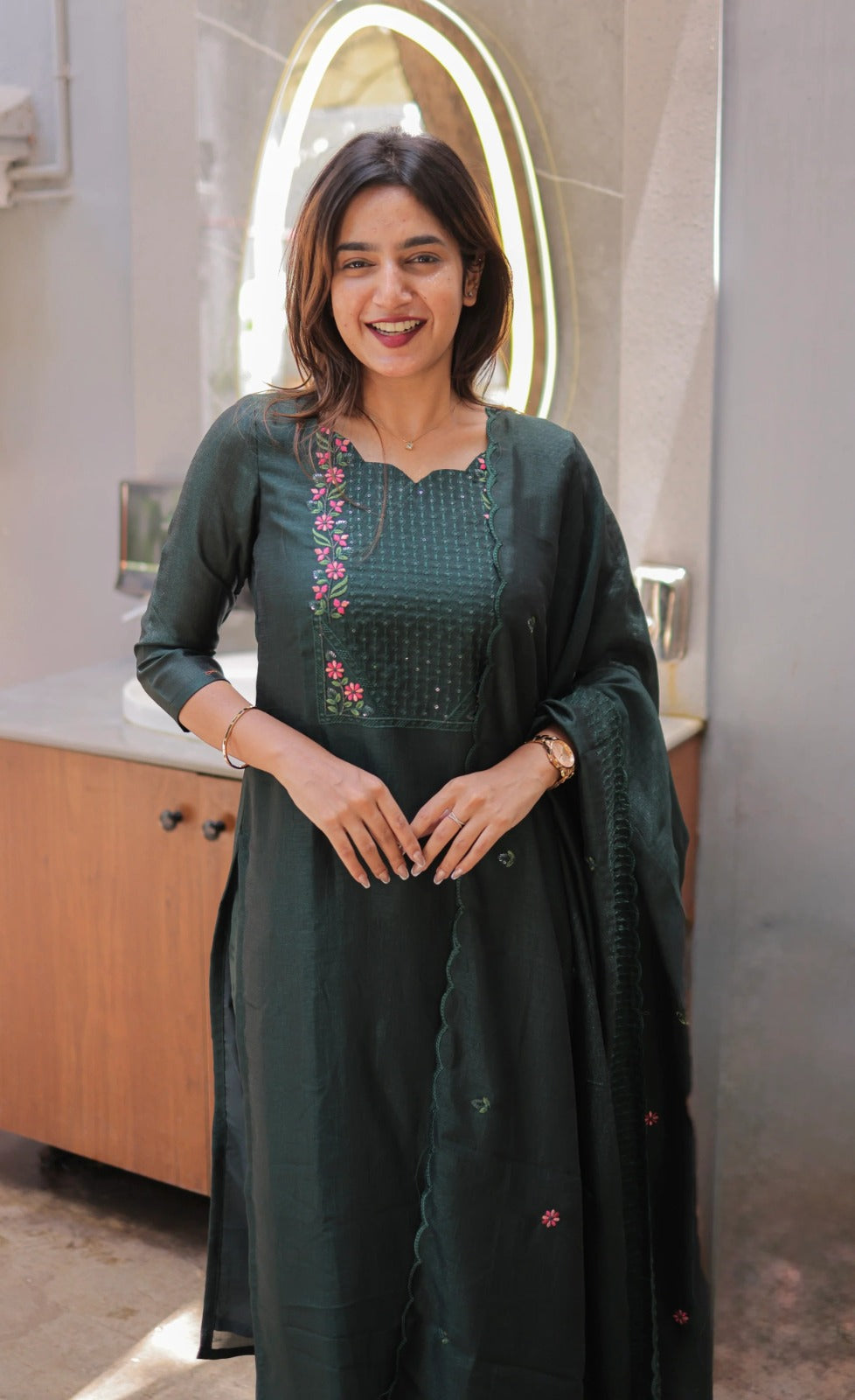 Premium Vertical Cotton Embroidered Kurti Pant Set with Chanderi Cotton Dupatta