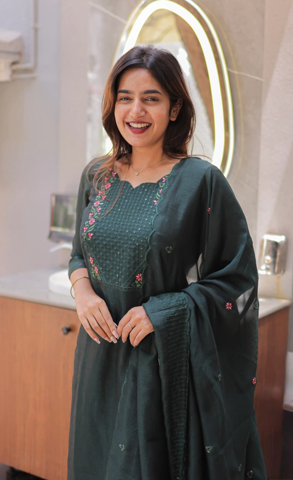 Premium Vertical Cotton Embroidered Kurti Pant Set with Chanderi Cotton Dupatta