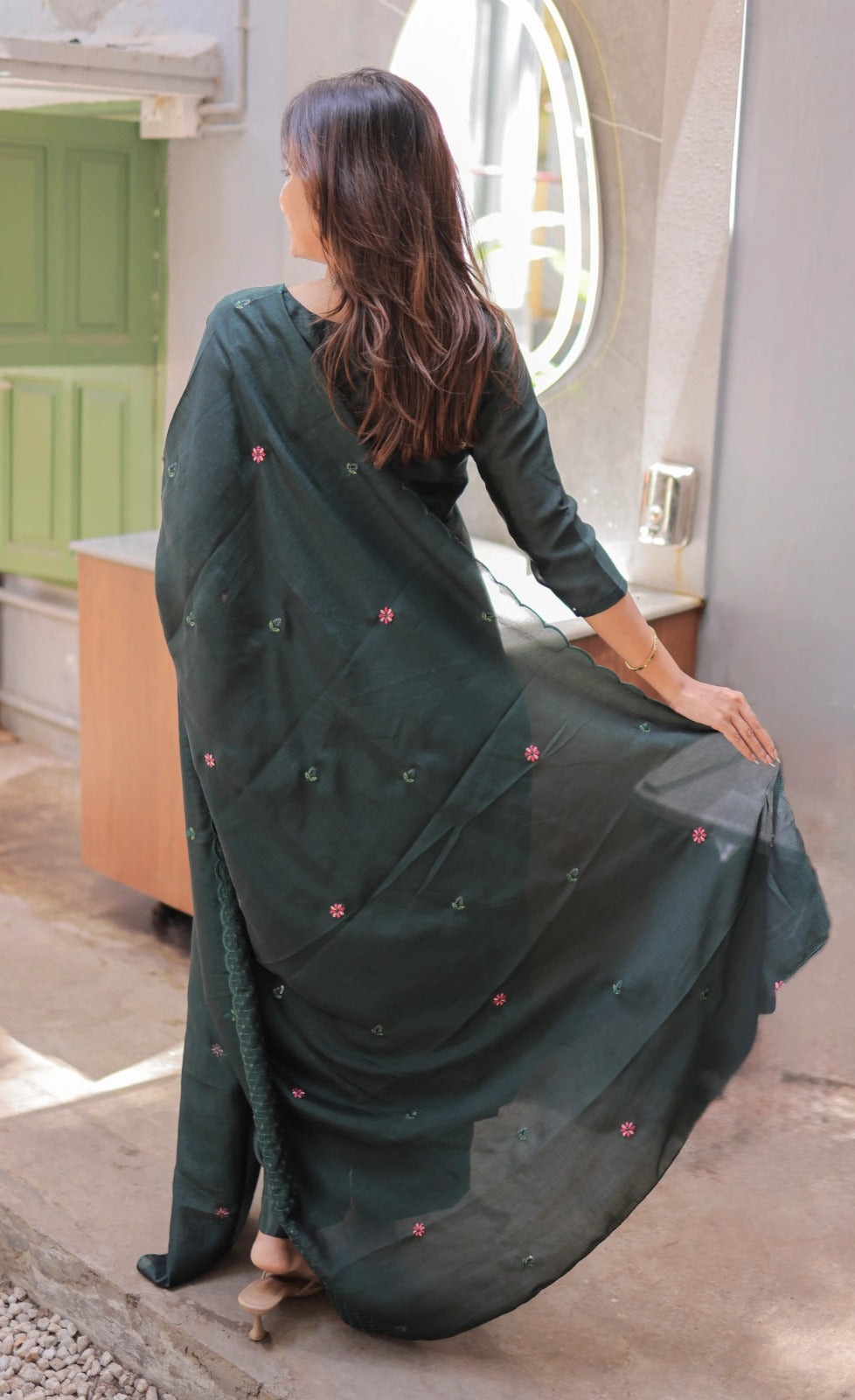 Premium Vertical Cotton Embroidered Kurti Pant Set with Chanderi Cotton Dupatta