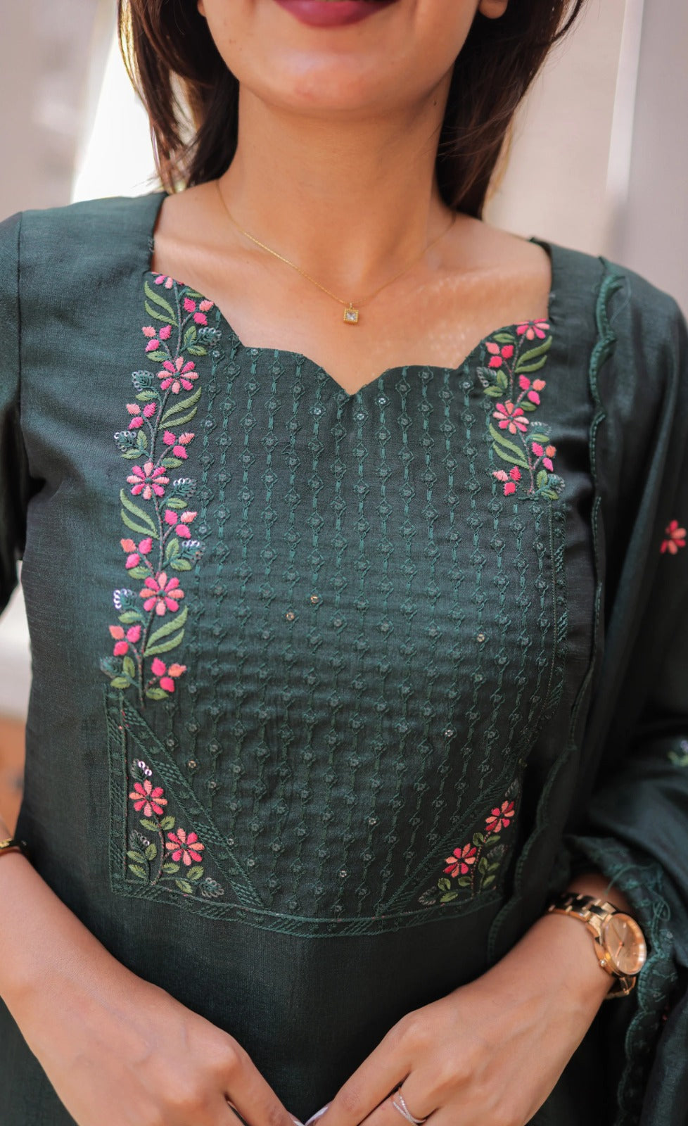 Premium Vertical Cotton Embroidered Kurti Pant Set with Chanderi Cotton Dupatta