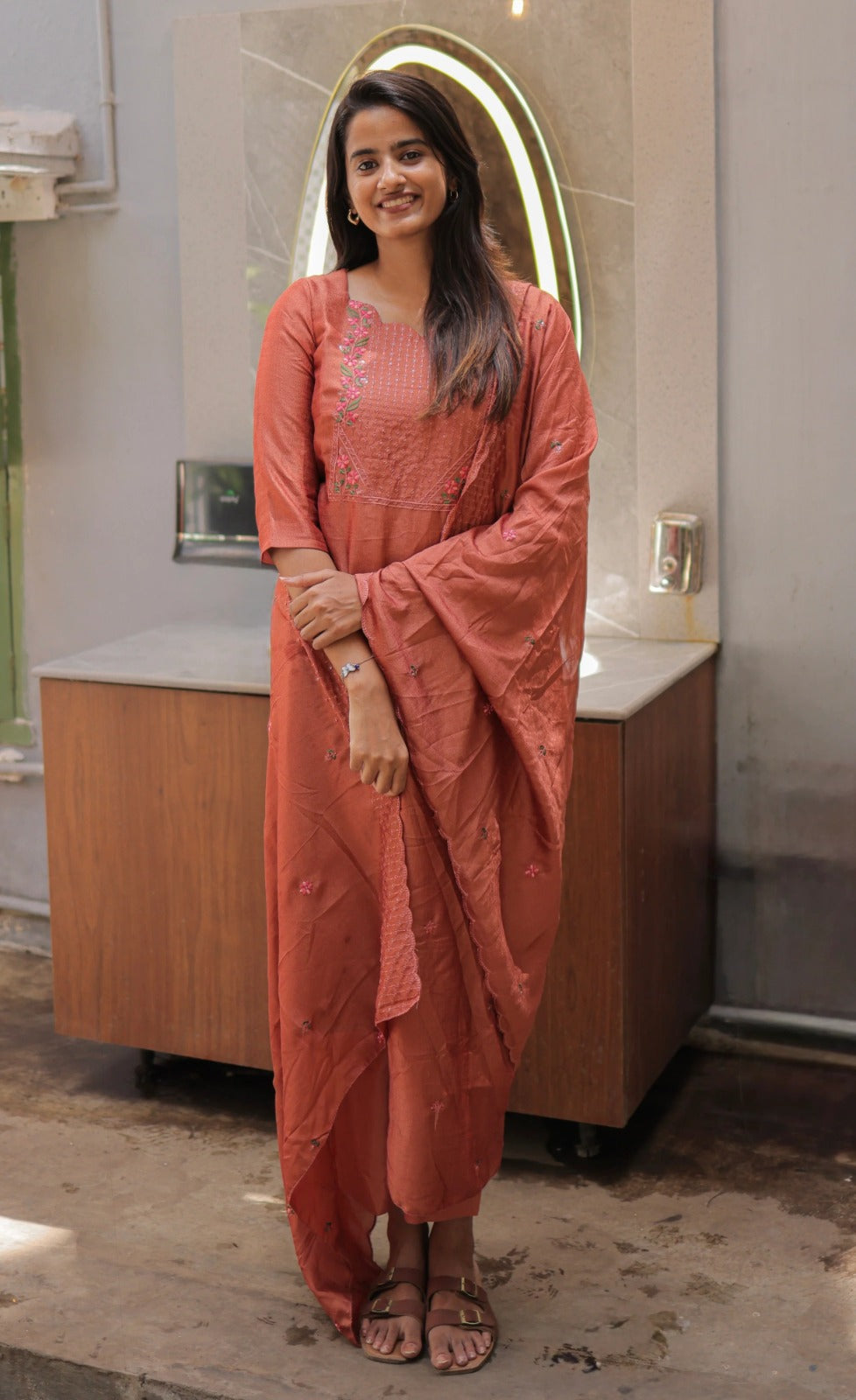 Premium Vertical Cotton Embroidered Kurti Pant Set with Chanderi Cotton Dupatta