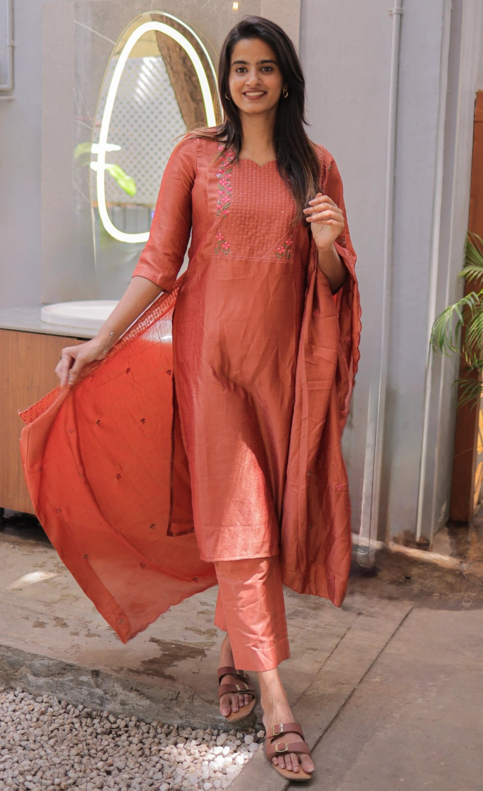 Premium Vertical Cotton Embroidered Kurti Pant Set with Chanderi Cotton Dupatta
