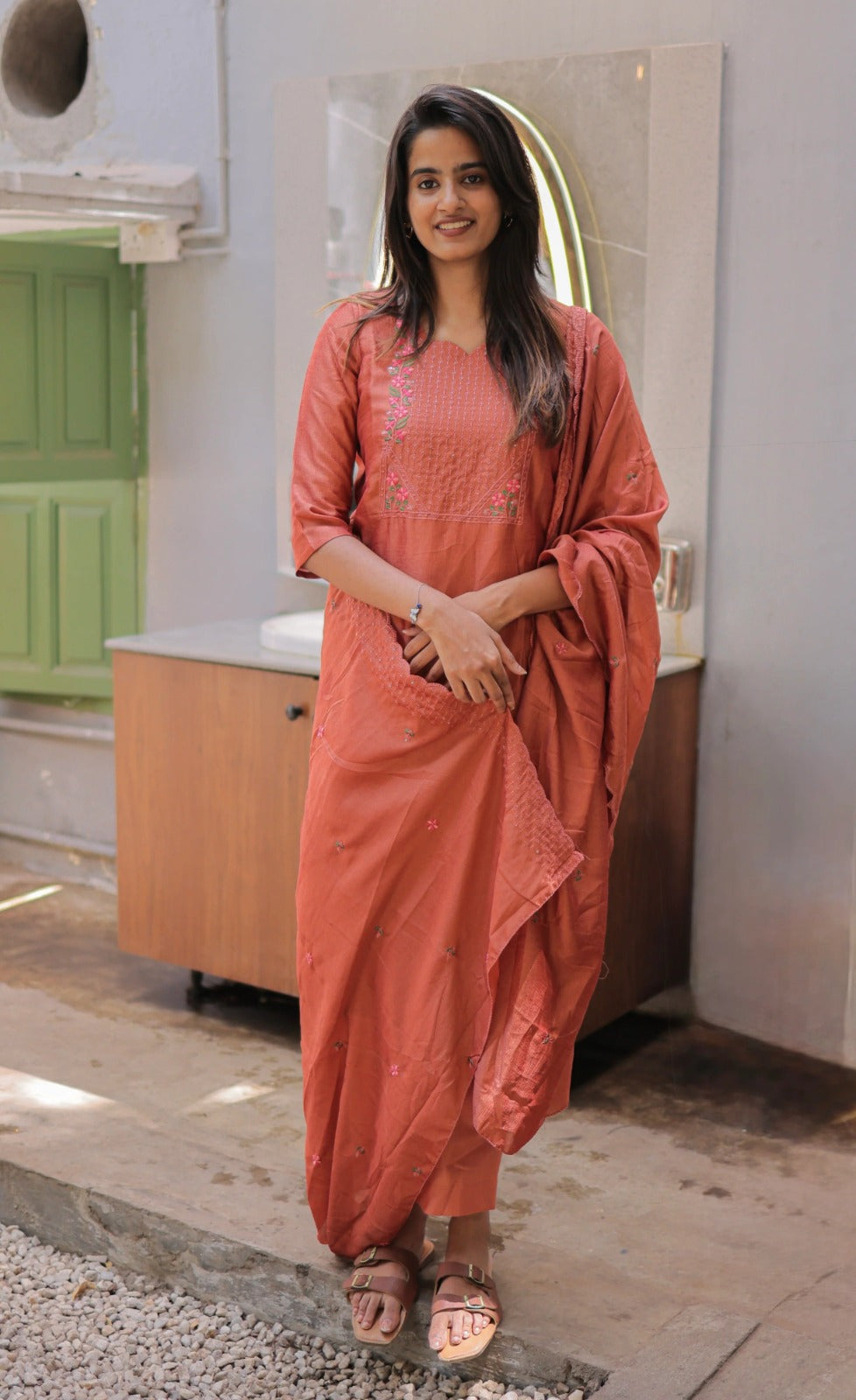 Premium Vertical Cotton Embroidered Kurti Pant Set with Chanderi Cotton Dupatta