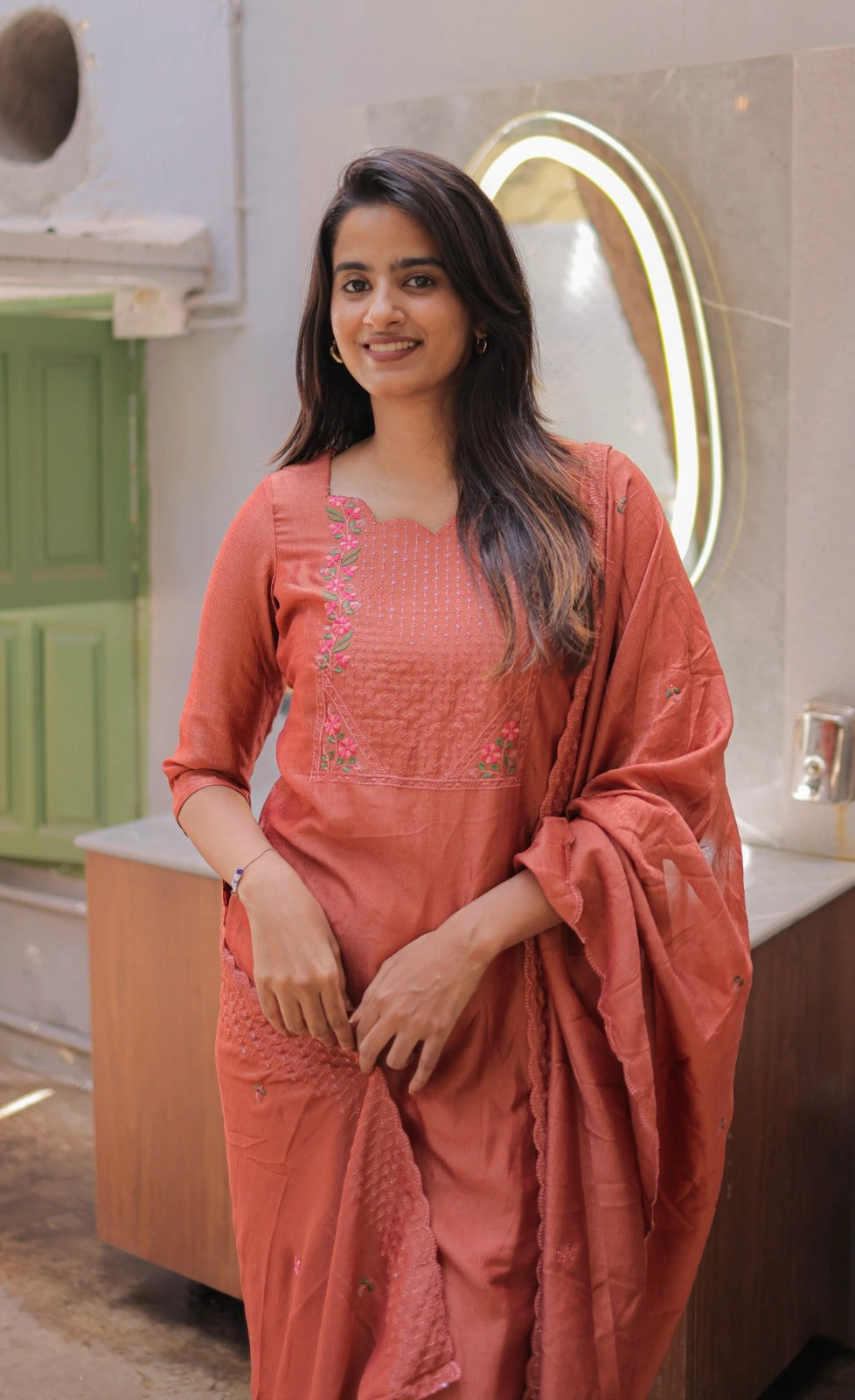 Premium Vertical Cotton Embroidered Kurti Pant Set with Chanderi Cotton Dupatta