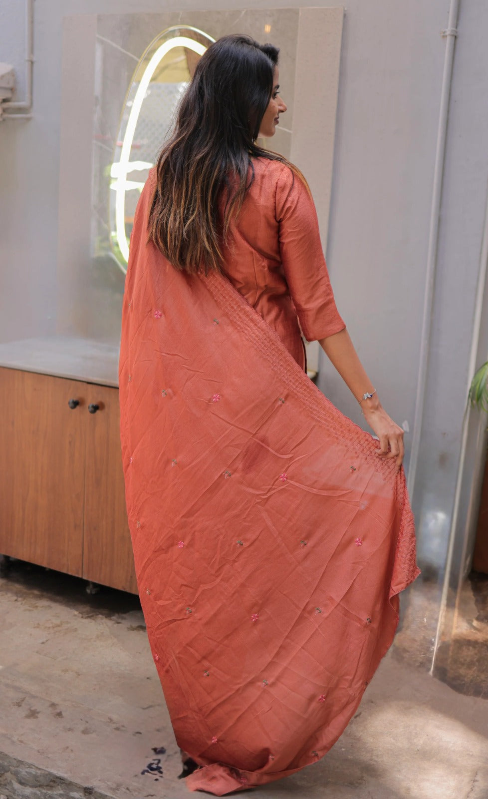 Premium Vertical Cotton Embroidered Kurti Pant Set with Chanderi Cotton Dupatta