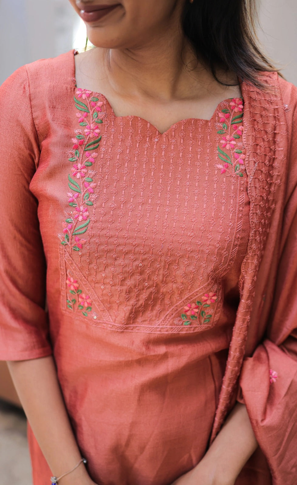 Premium Vertical Cotton Embroidered Kurti Pant Set with Chanderi Cotton Dupatta