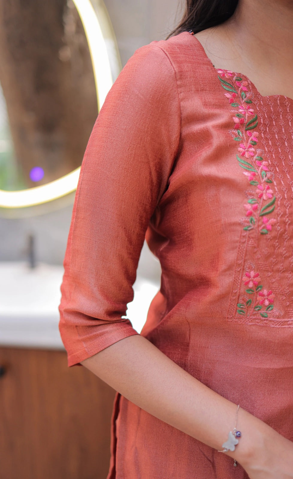 Premium Vertical Cotton Embroidered Kurti Pant Set with Chanderi Cotton Dupatta