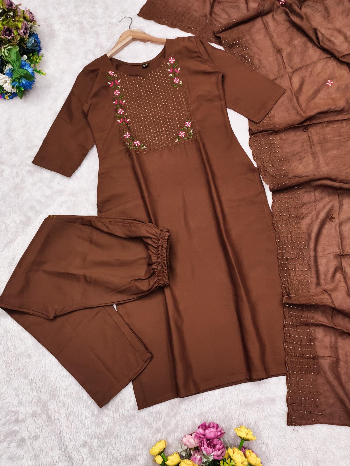 Premium Vertical Cotton Embroidered Kurti Pant Set with Chanderi Cotton Dupatta