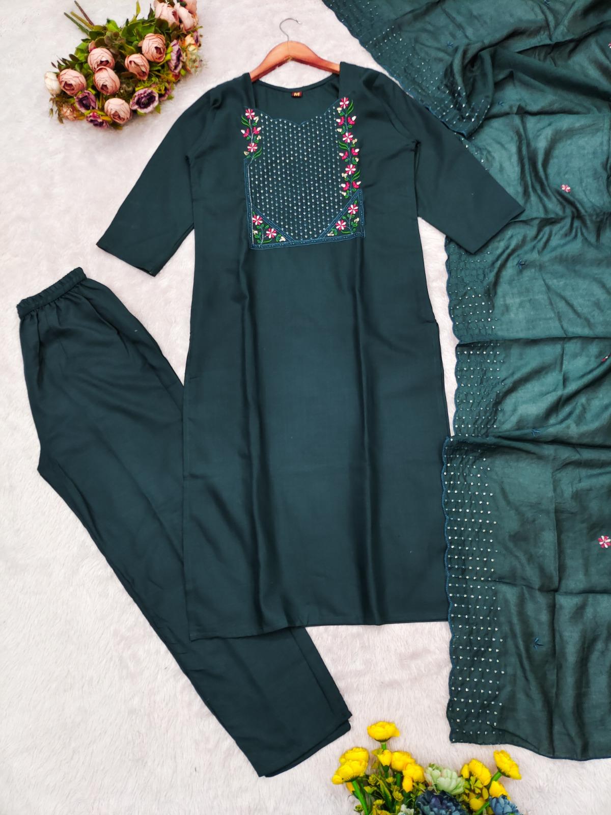 Premium Vertical Cotton Embroidered Kurti Pant Set with Chanderi Cotton Dupatta