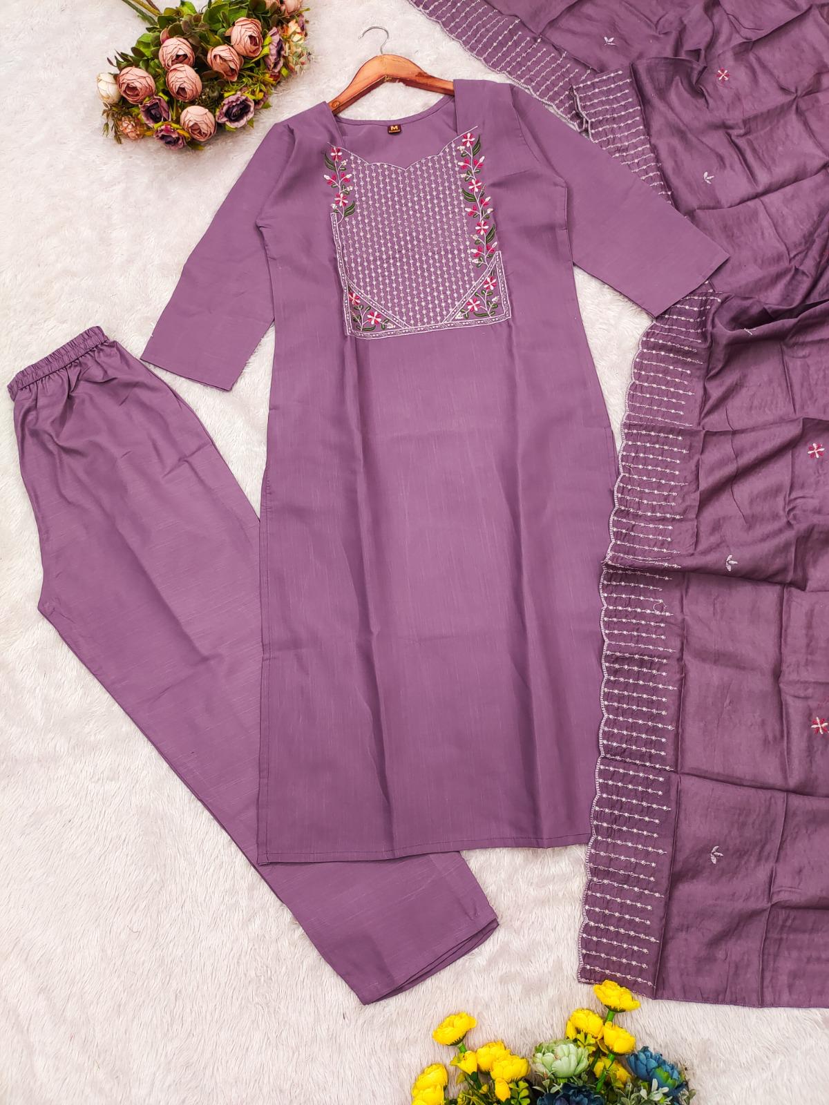 Premium Vertical Cotton Embroidered Kurti Pant Set with Chanderi Cotton Dupatta