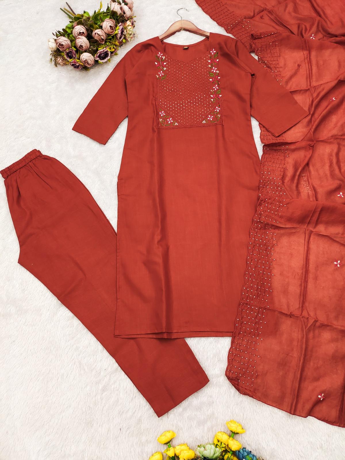 Premium Vertical Cotton Embroidered Kurti Pant Set with Chanderi Cotton Dupatta