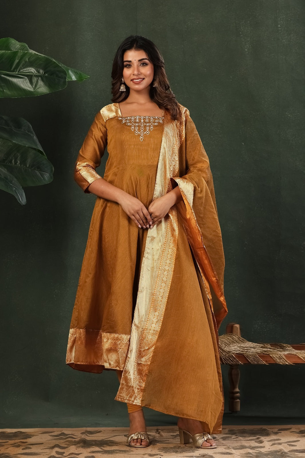 Designer Embroidered Kanchi Cotton Maxi Gown with Dupatta