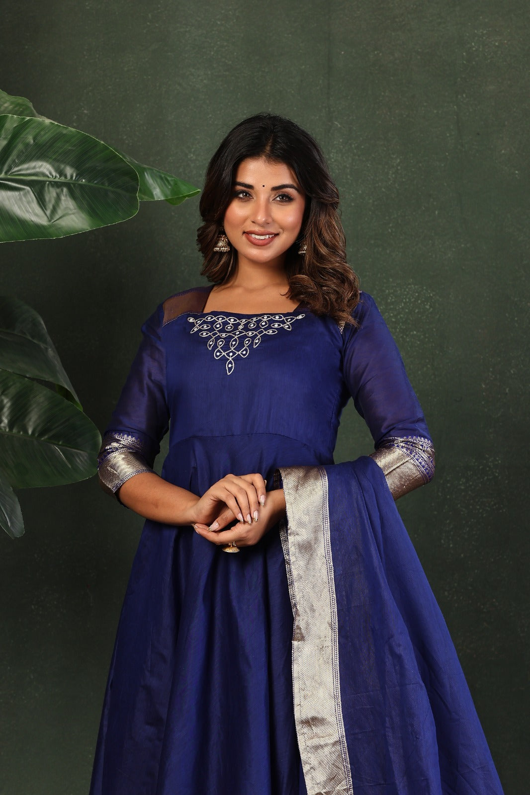 Designer Embroidered Kanchi Cotton Maxi Gown with Dupatta