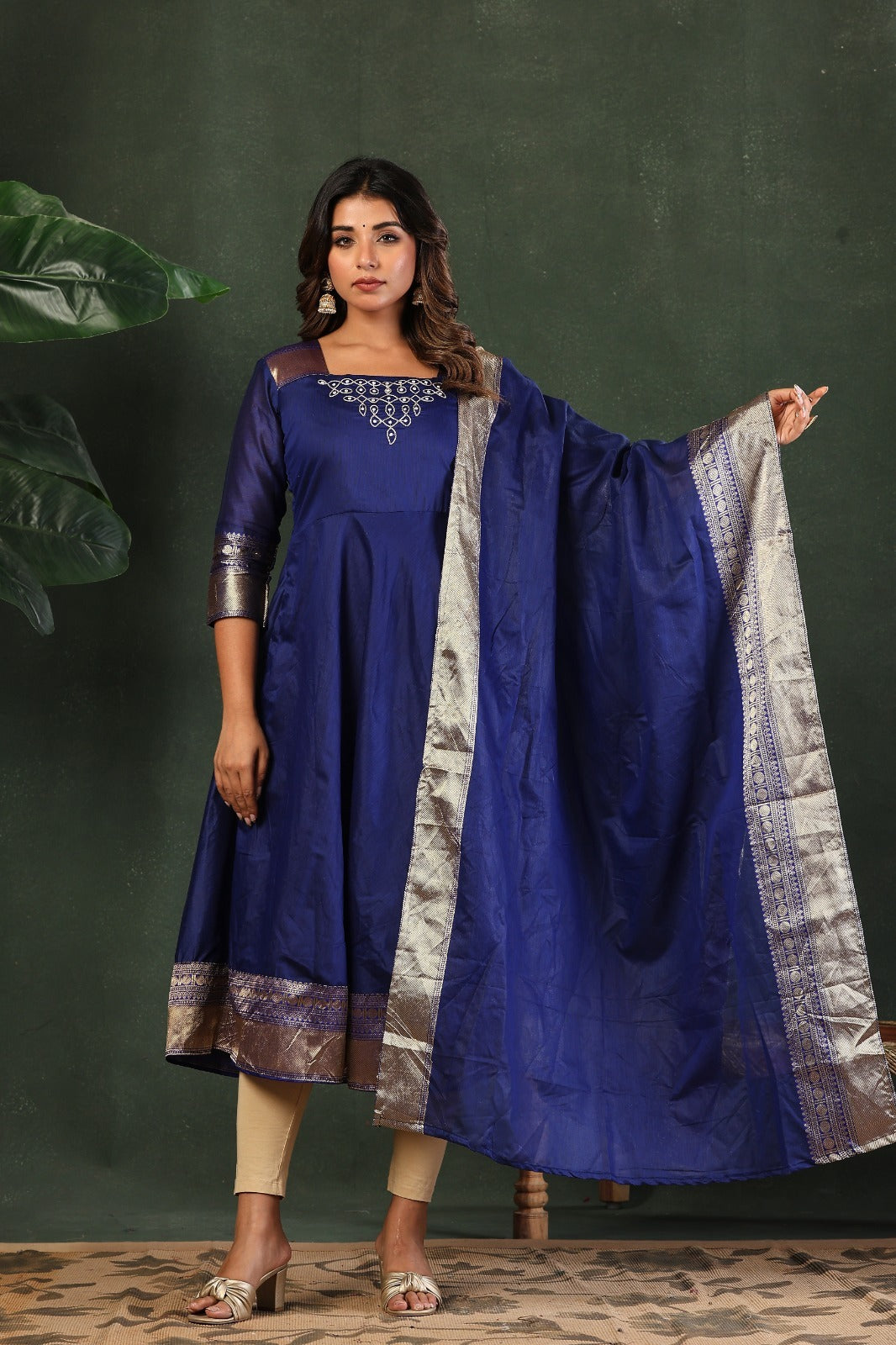 Designer Embroidered Kanchi Cotton Maxi Gown with Dupatta