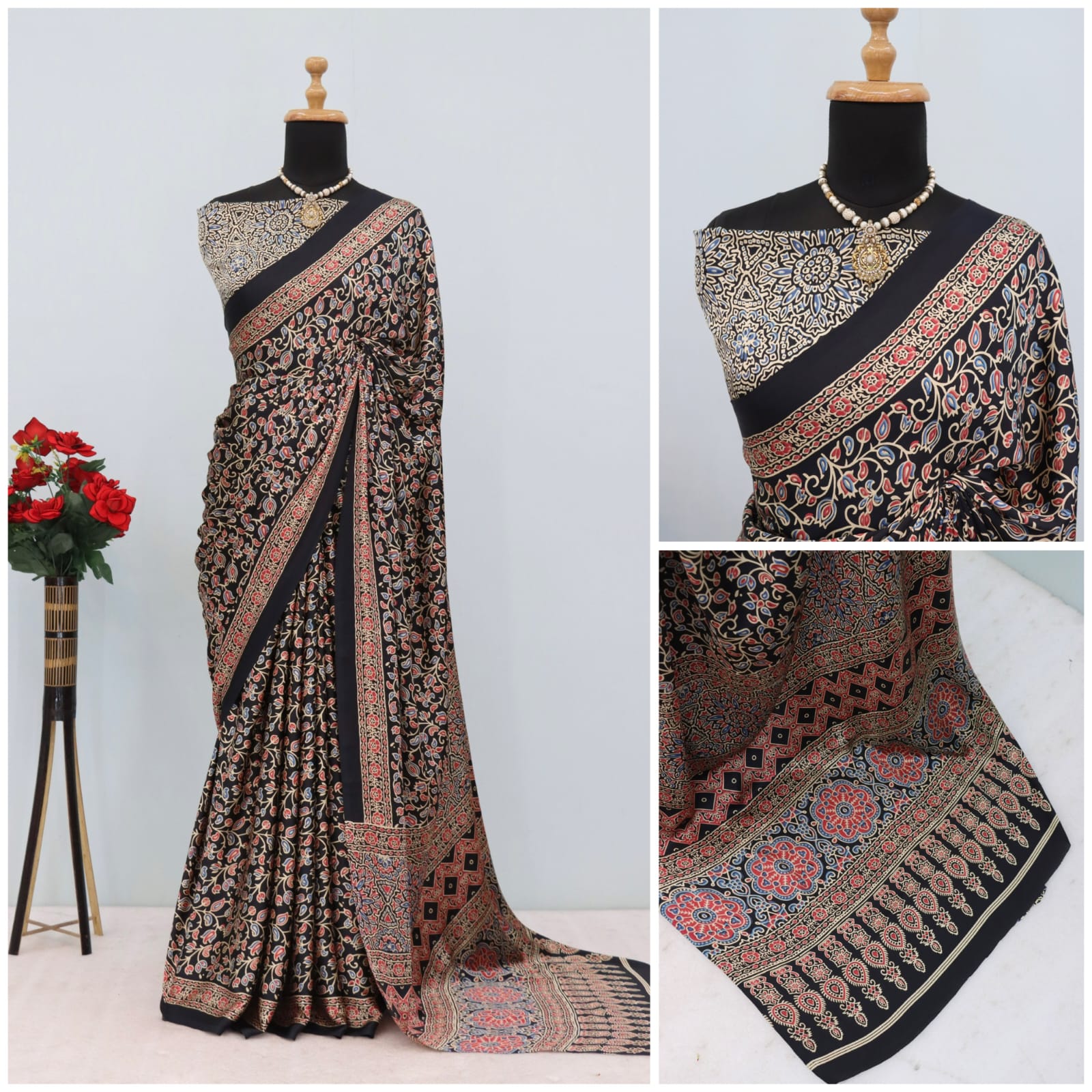 Semi Modal Silk Ajrakh Printed Saree