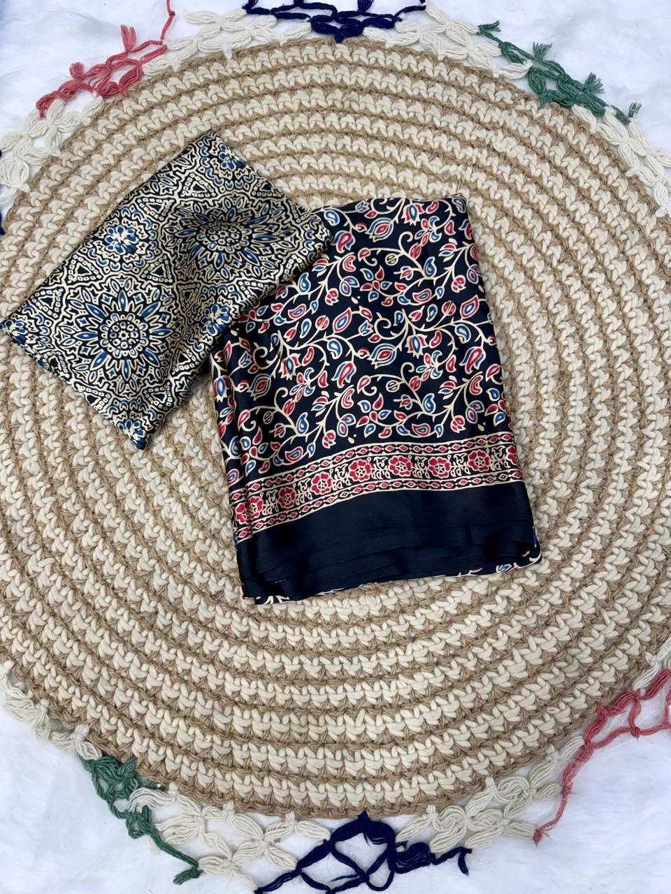 Semi Modal Silk Ajrakh Printed Saree