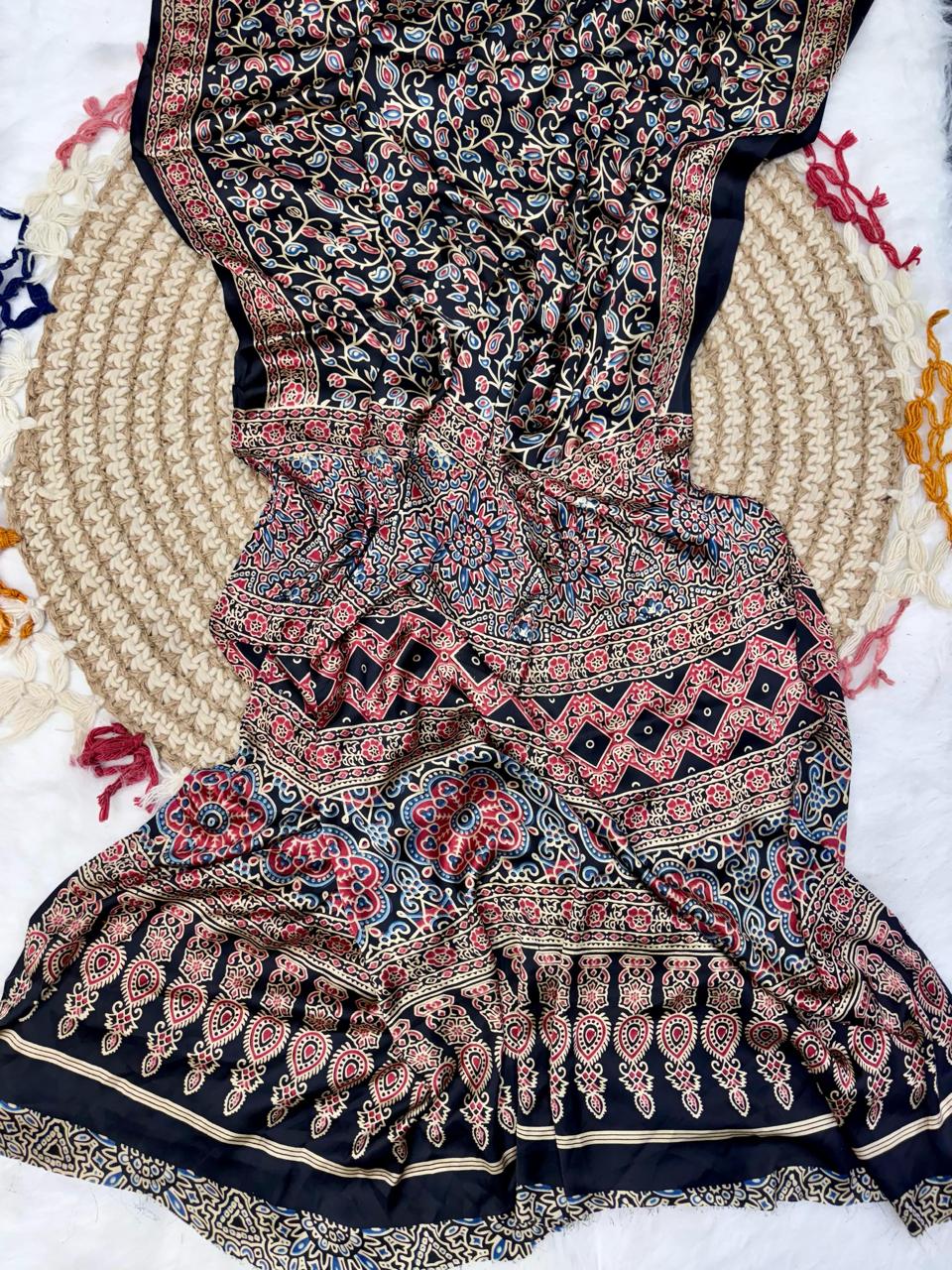 Semi Modal Silk Ajrakh Printed Saree