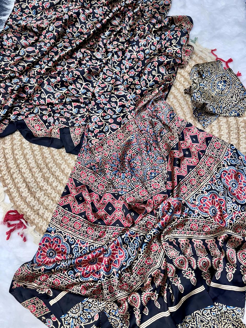 Semi Modal Silk Ajrakh Printed Saree