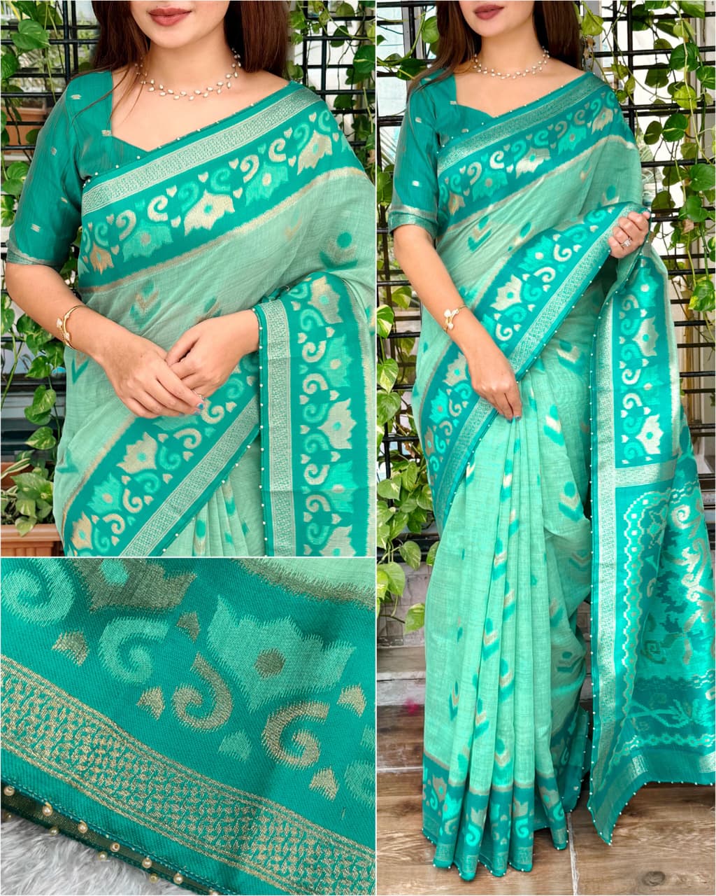 Designer Linen Cotton Saree with Motif Weaving, Zari Border & Pearl Work