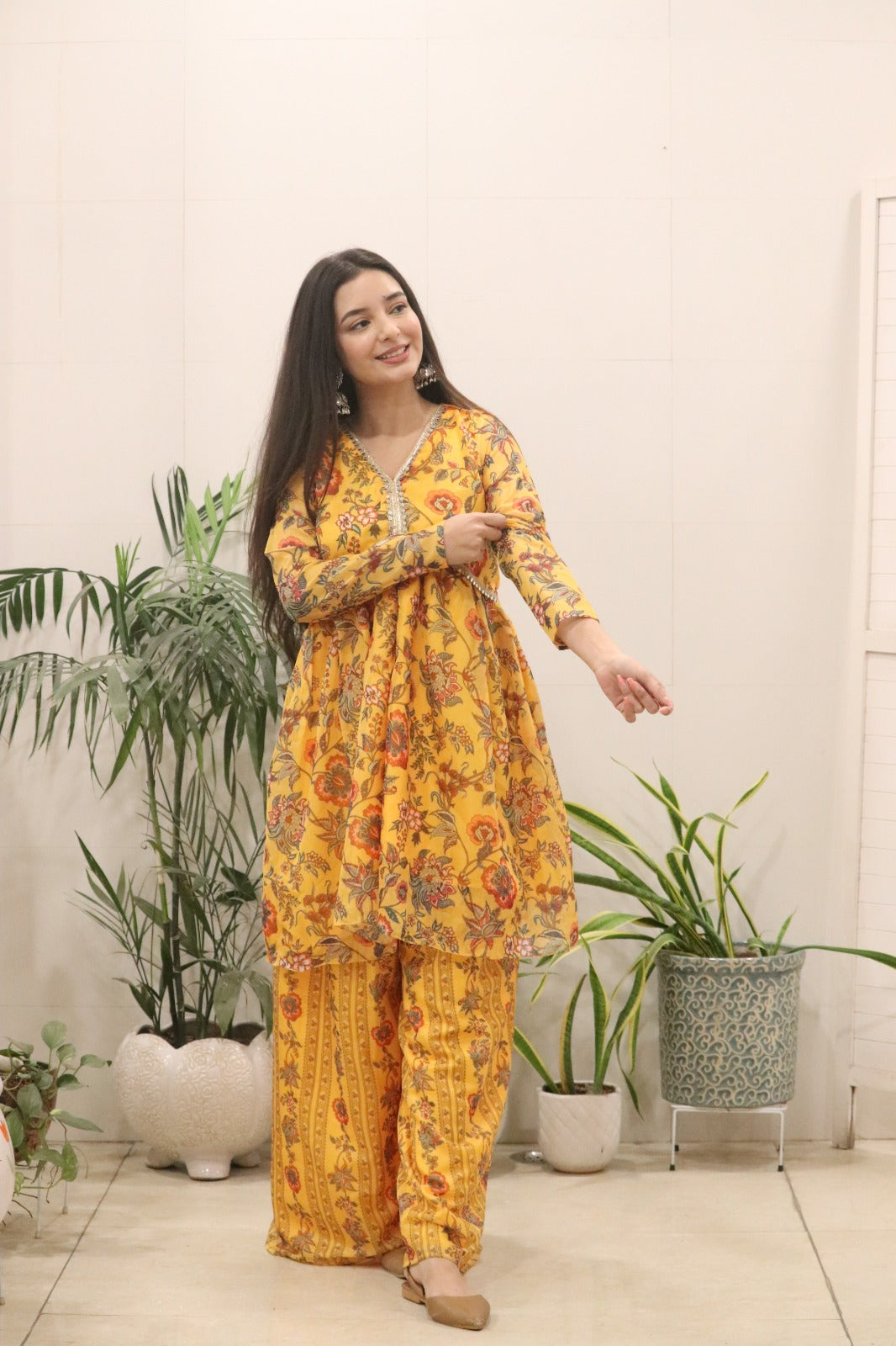 Women’s Mustard Yellow Organza Silk Kurti Palazzo Set