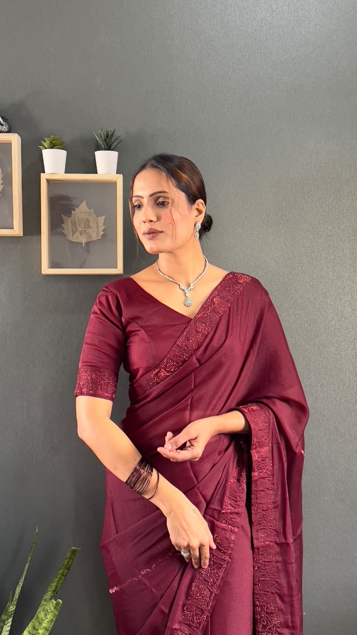 Royal Maroon Designer Premium Starling Georgette Silk Saree with Tone-2-Tone Swarovski Work