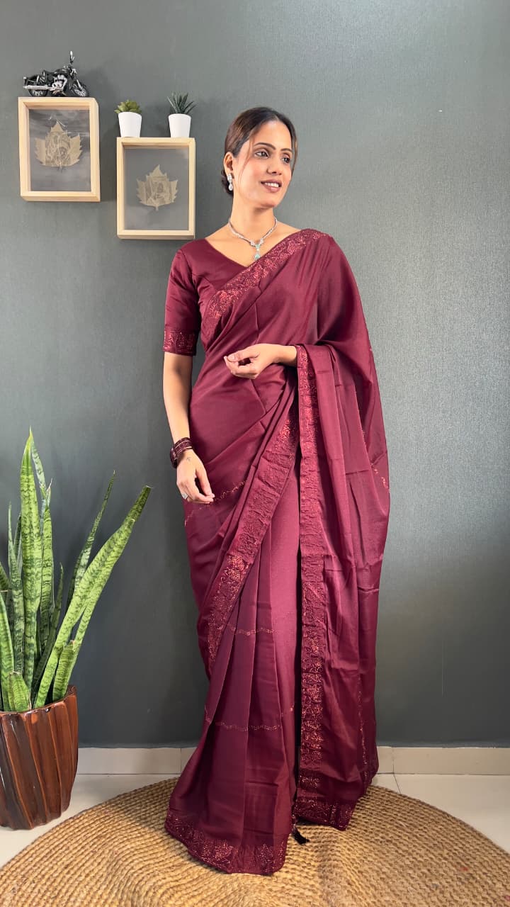 Royal Maroon Designer Premium Starling Georgette Silk Saree with Tone-2-Tone Swarovski Work