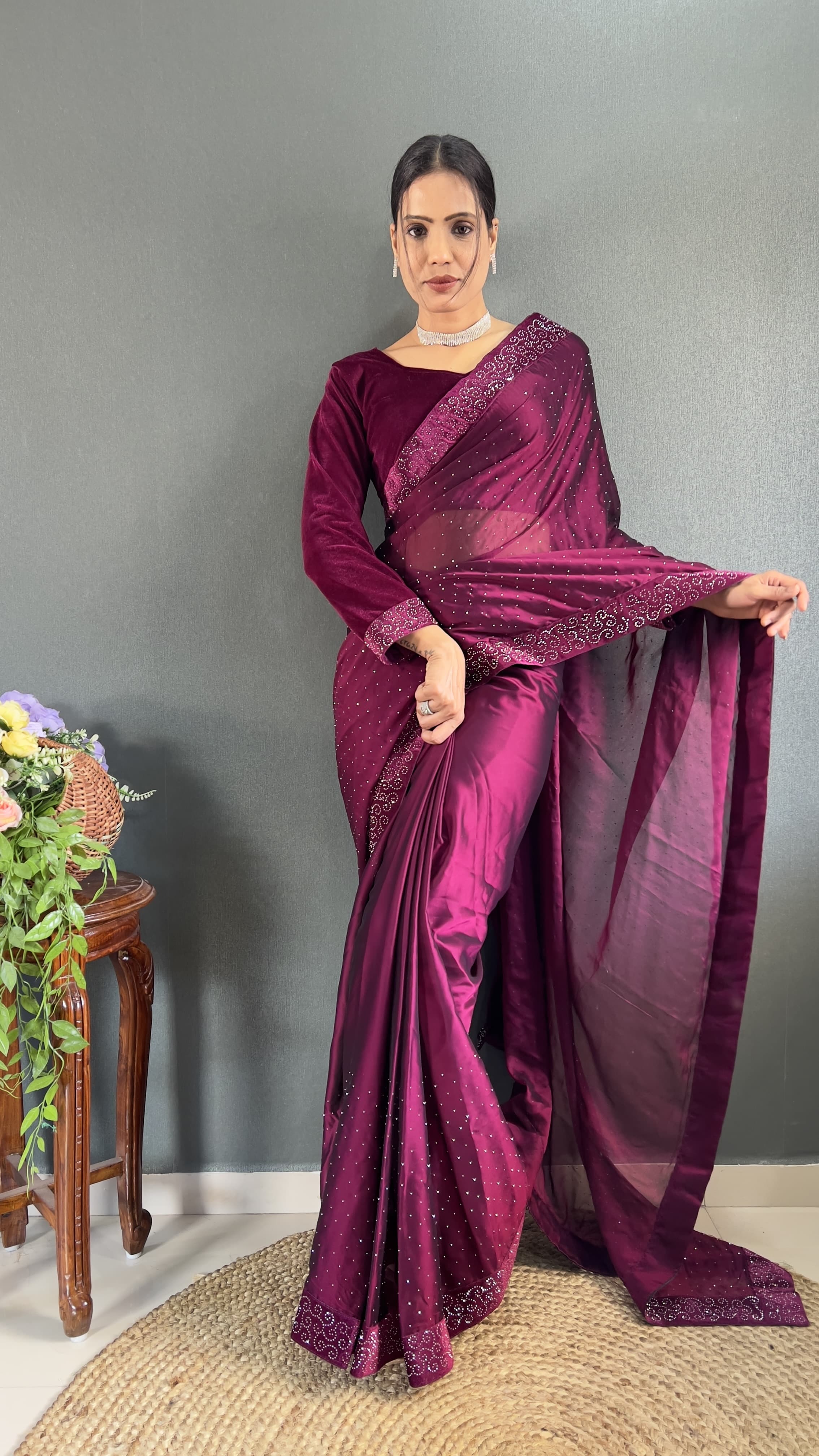 Trending Ready-To-Wear Rangoli Silk Saree with Swarovski & Velvet Lace Work
