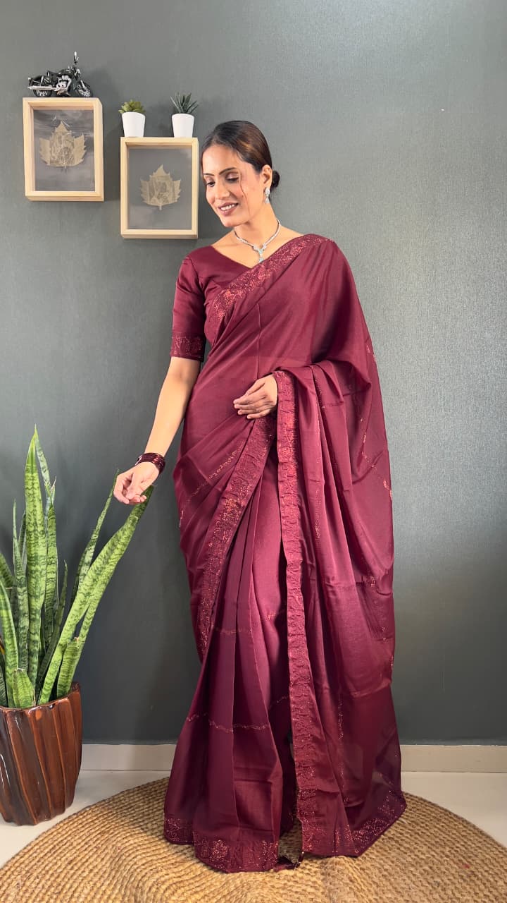 Royal Maroon Designer Premium Starling Georgette Silk Saree with Tone-2-Tone Swarovski Work